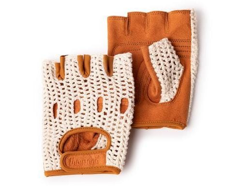 White knit and leather fingerless glove for bikes and electric bikes